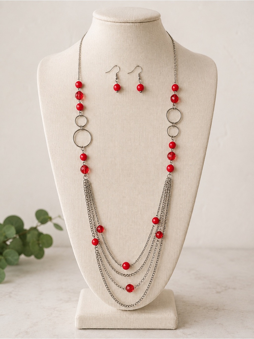 Red Beaded Multi Strand Necklace & Matching Earrings Jewelry Set